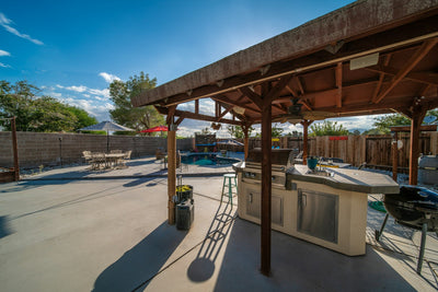 Outdoor fire and seating area at dusk - category image